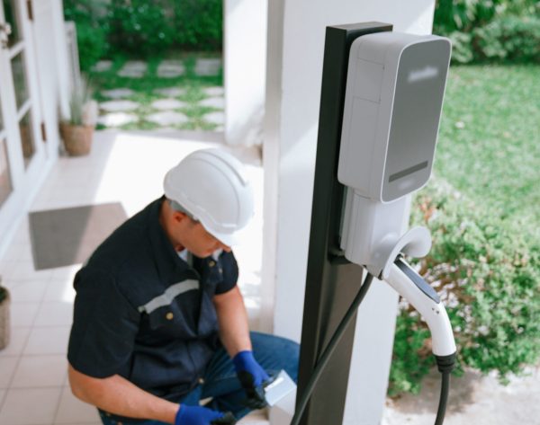 Qualified technician install home EV charging station, providing maintenance service for electric vehicle's battery charging platform at home. EV car technology for residential utilization. Synchronos